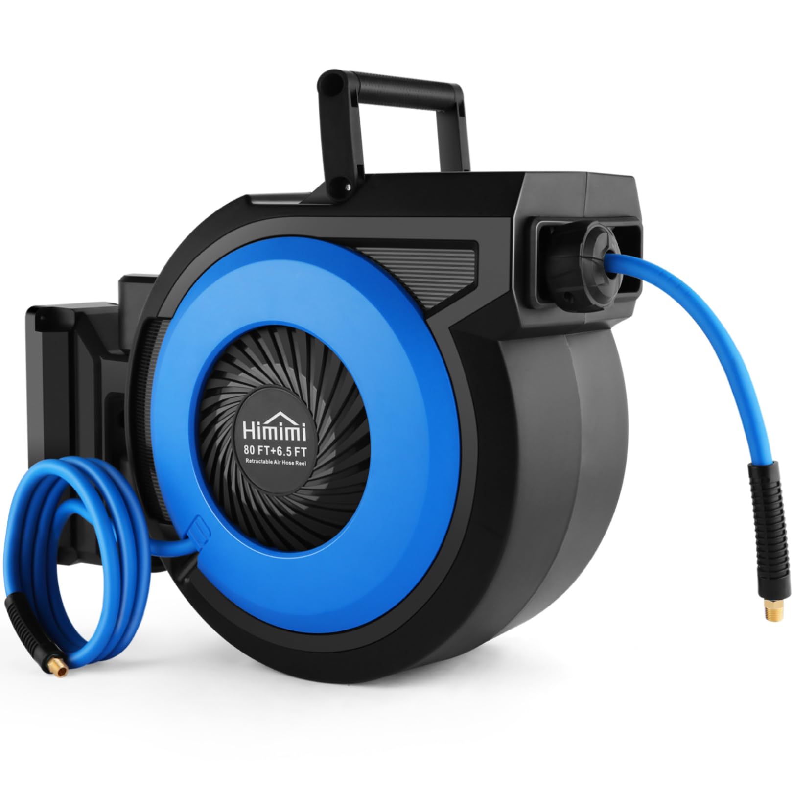 Himimi 80ft retractable air hose reel wall-mount setup for organized garages.