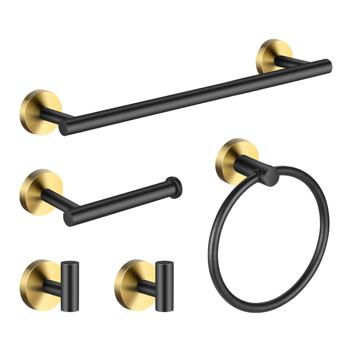 Hinmood 5-piece black gold bathroom set shown together for a cohesive upgrade
