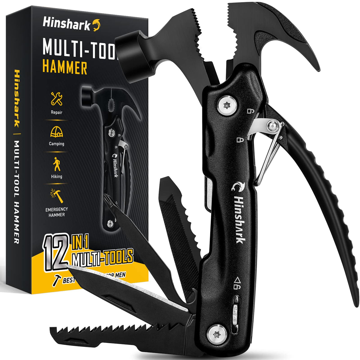 Hinshark 12-in-1 hammer multitool shown for camping and everyday DIY readiness.