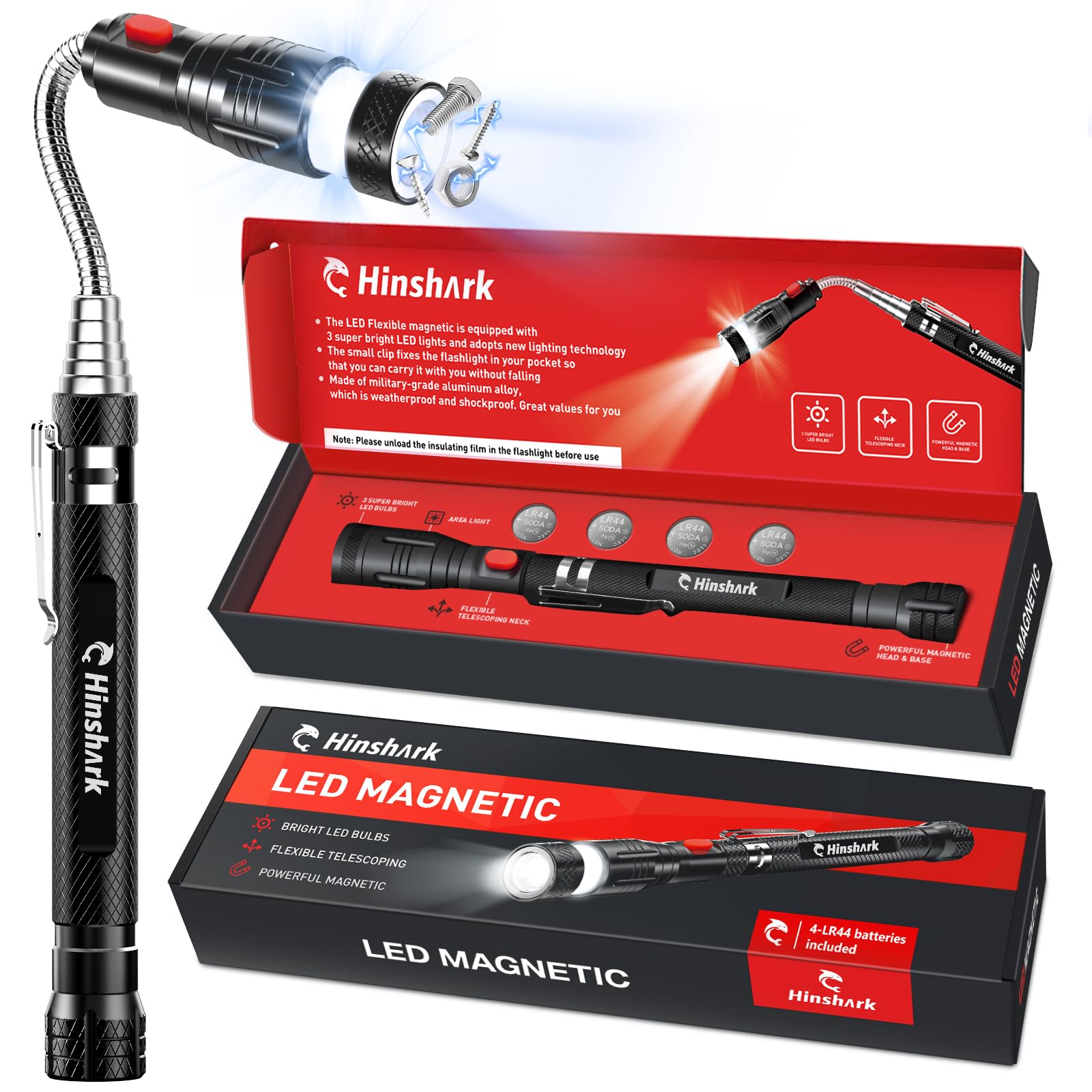 Hinshark extendable magnetic pickup tool with LED light for quick retrievals and illumination.