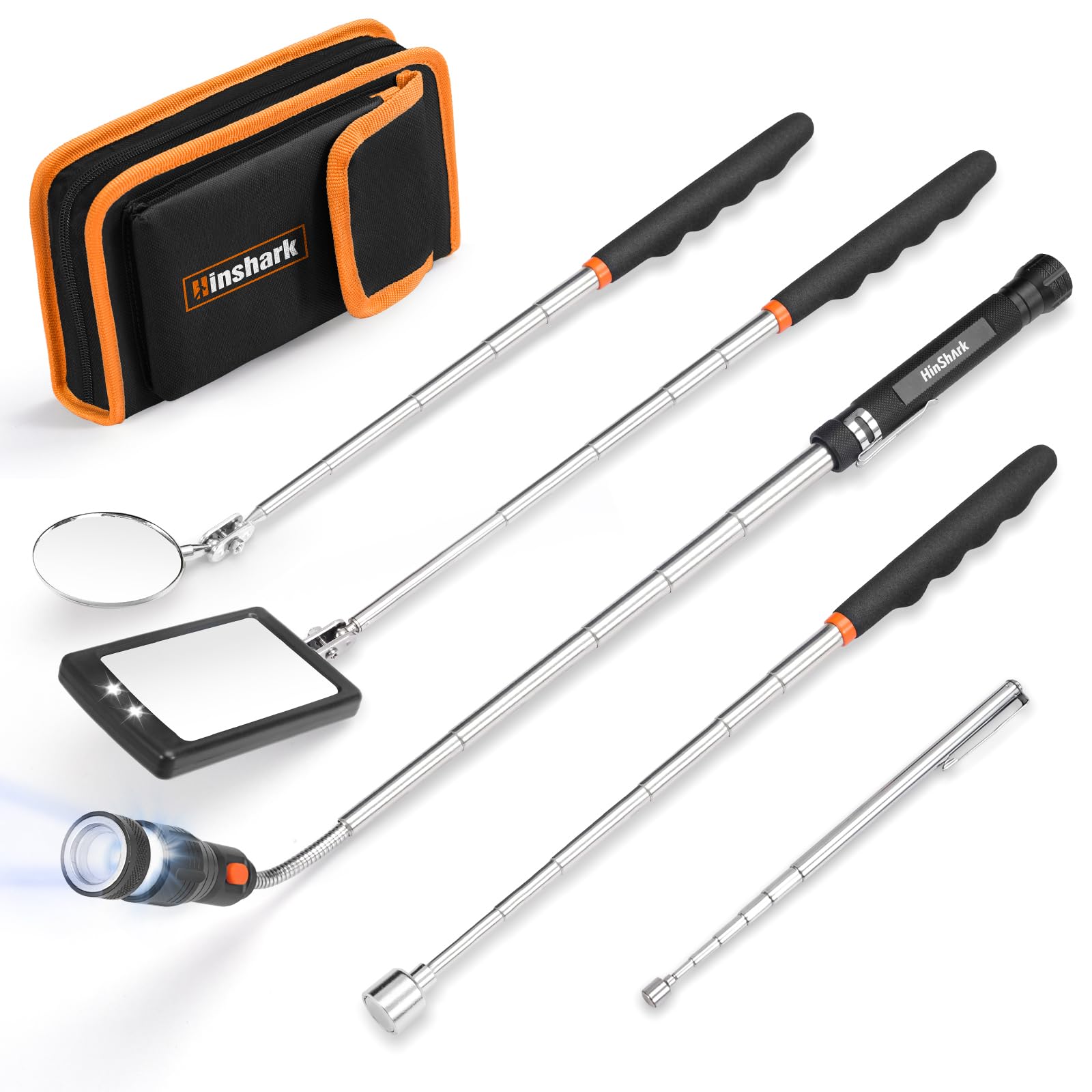 Hinshark extendable magnetic pickup tools set reaching tight spaces to retrieve metal parts