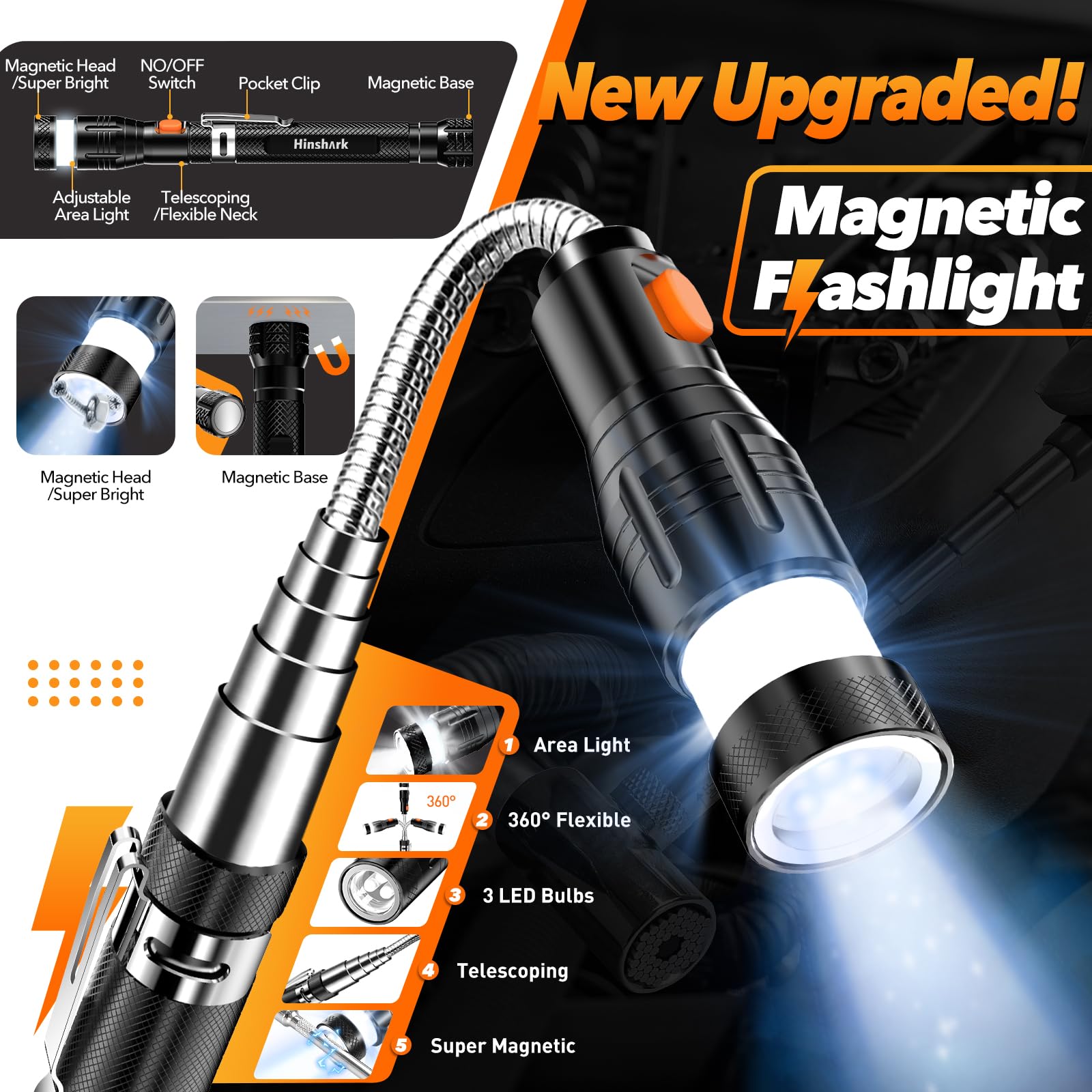 Hinshark magnetic flashlight with LED provides bright hands-free illumination