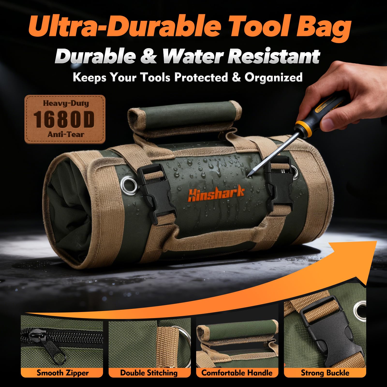 Hinshark roll-up tool bag compact folded design fits trucks boats or bikes