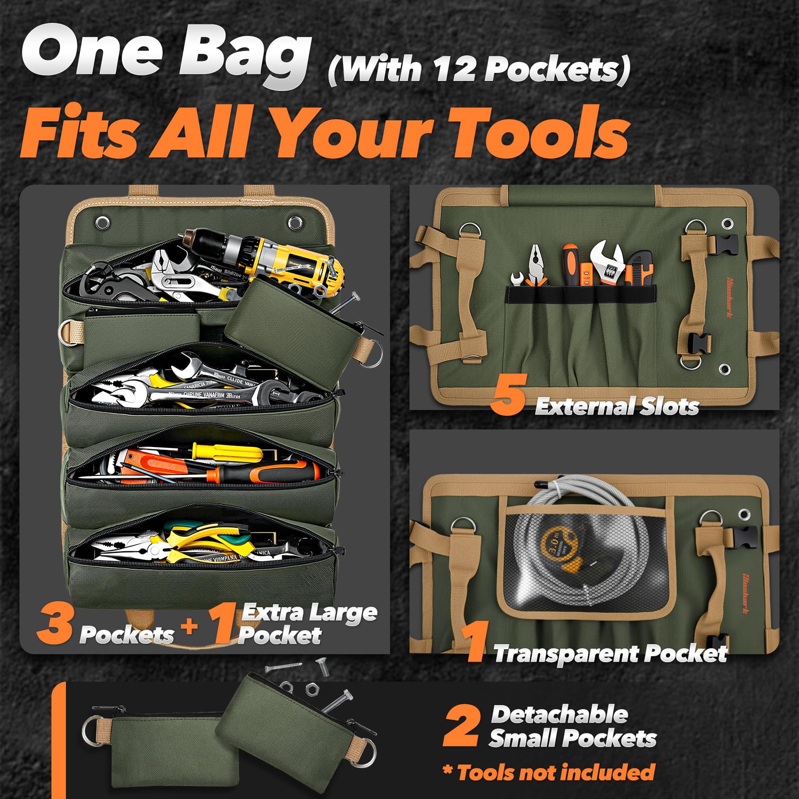 Hinshark roll-up tool bag durable 1680D fabric with reinforced stitching for rugged use