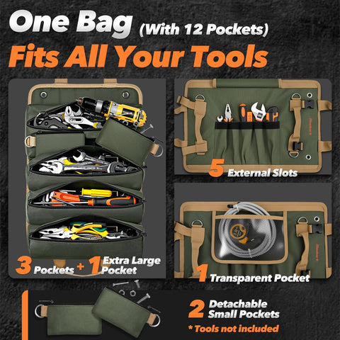 Hinshark roll-up tool bag durable 1680D fabric with reinforced stitching for rugged use