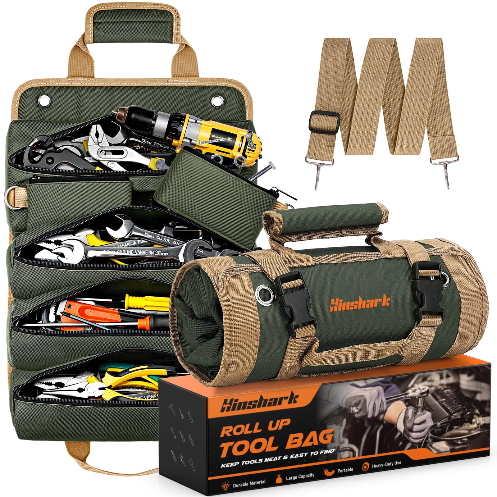 Hinshark roll-up tool bag open showing organized compartments for easy access