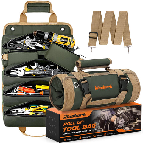 Hinshark roll-up tool bag open showing organized compartments for easy access