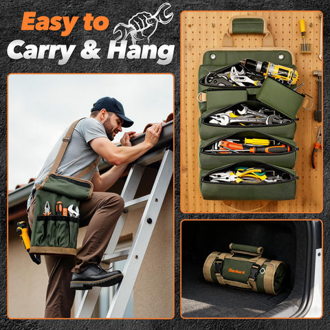 Hinshark roll-up tool bag padded handle and shoulder straps for comfortable carrying