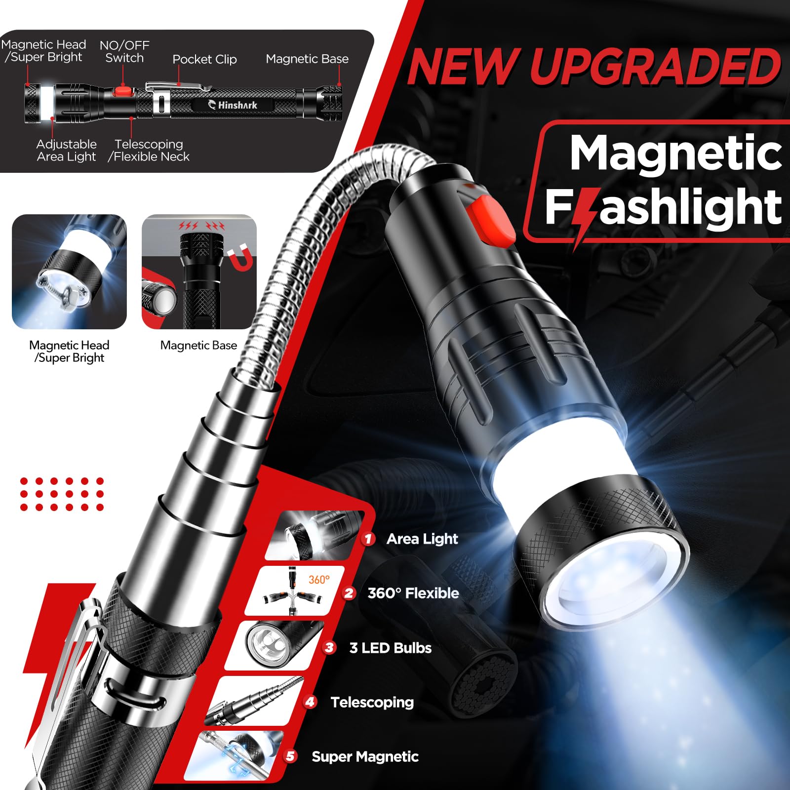 Hinshark telescoping magnetic flashlight reaches tight spots for hands-free visibility.