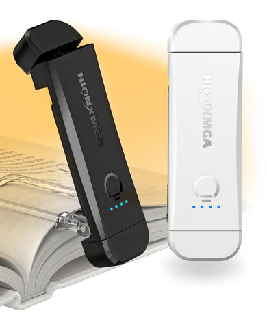 HIONXMGA clip-on bed book light with soft amber glow for nighttime reading.
