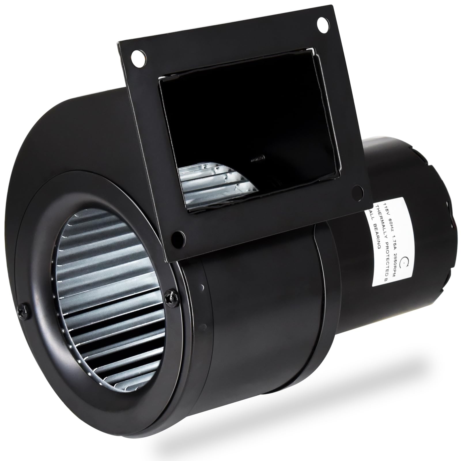 Hiorucet 1TDP7 blower motor front view, compact replacement for wood furnaces.