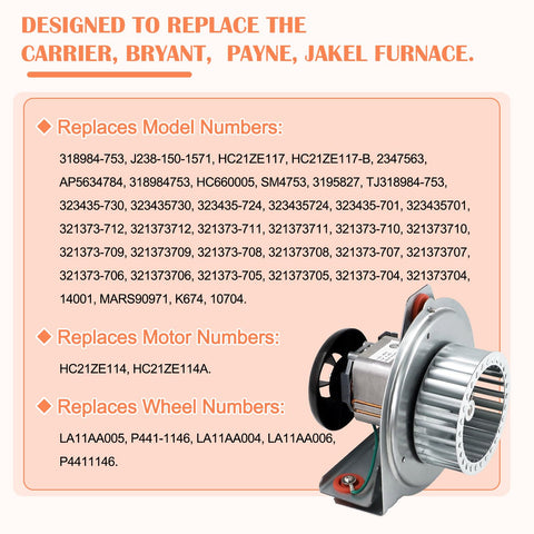 Hiorucet LA11AA005 blower wheel close-up, compatible with inducer kits.