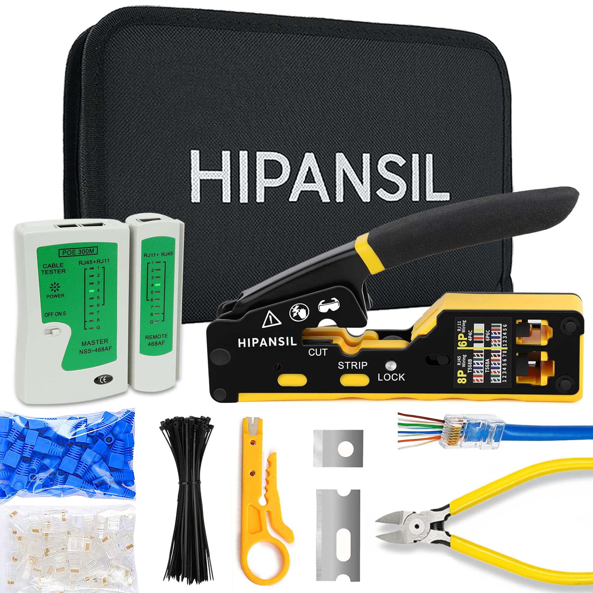HIPANSIL RJ45 crimp tool set with case for organized cables and quick terminations.
