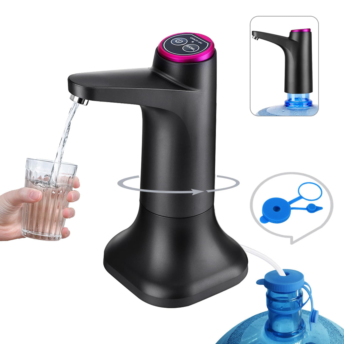 HiPiCok 5-gallon water pump attached to bottle for effortless dispensing