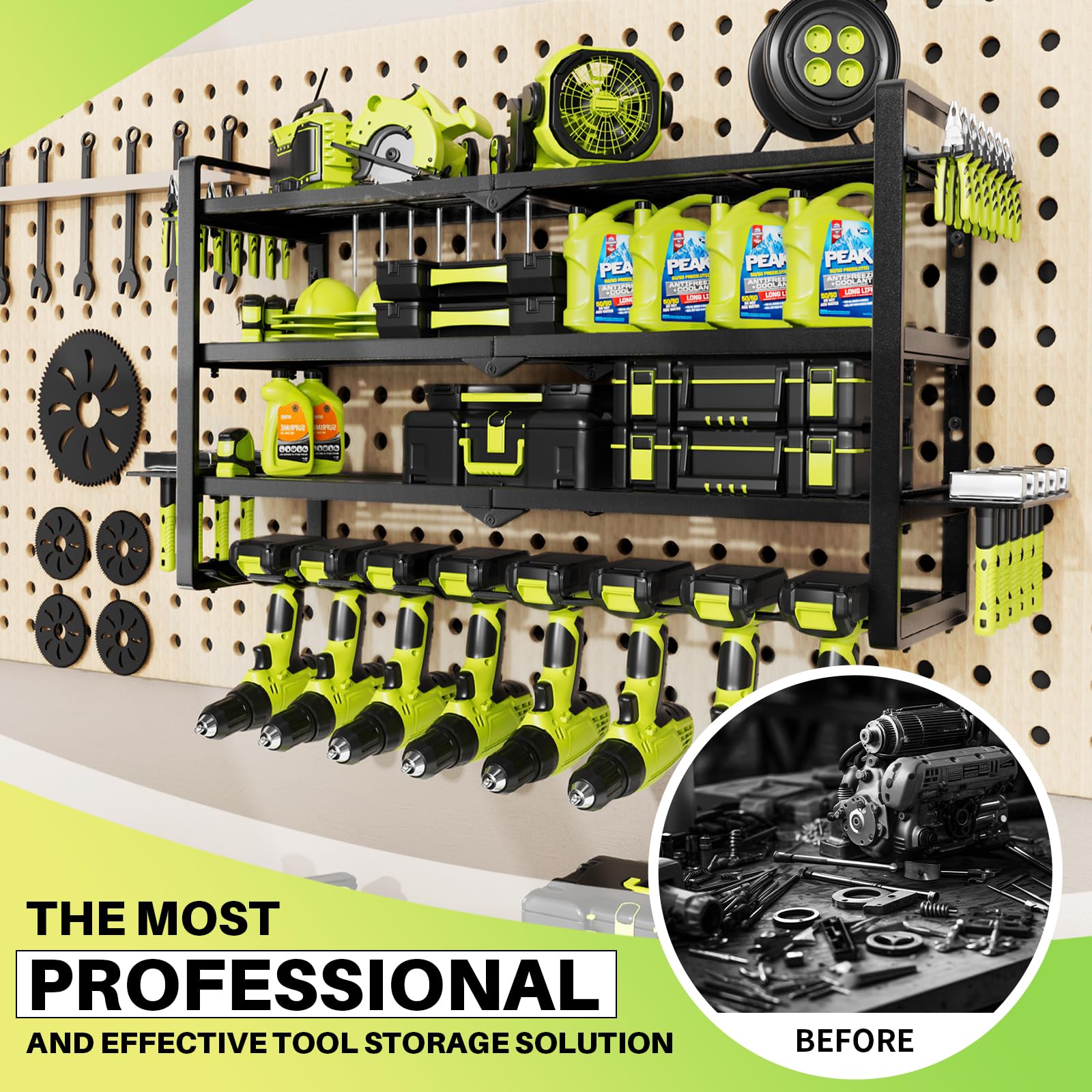 Hipidian 4-tier wall-mount tool rack keeps garage neatly arranged.