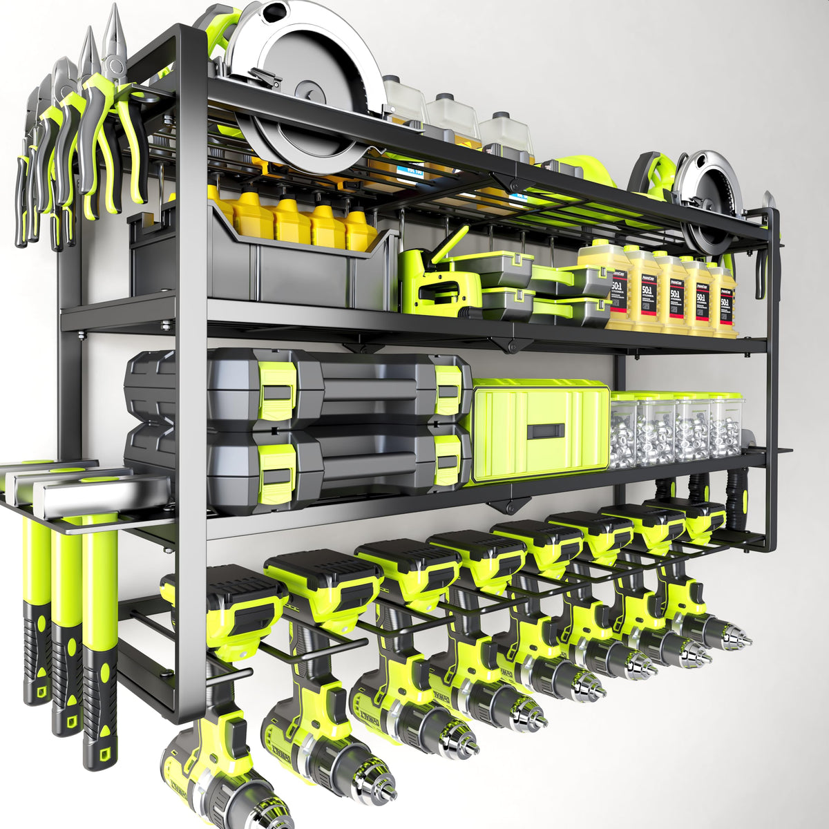 Hipidian 8-slot wall-mount drill holders organize heavy tools at hand.