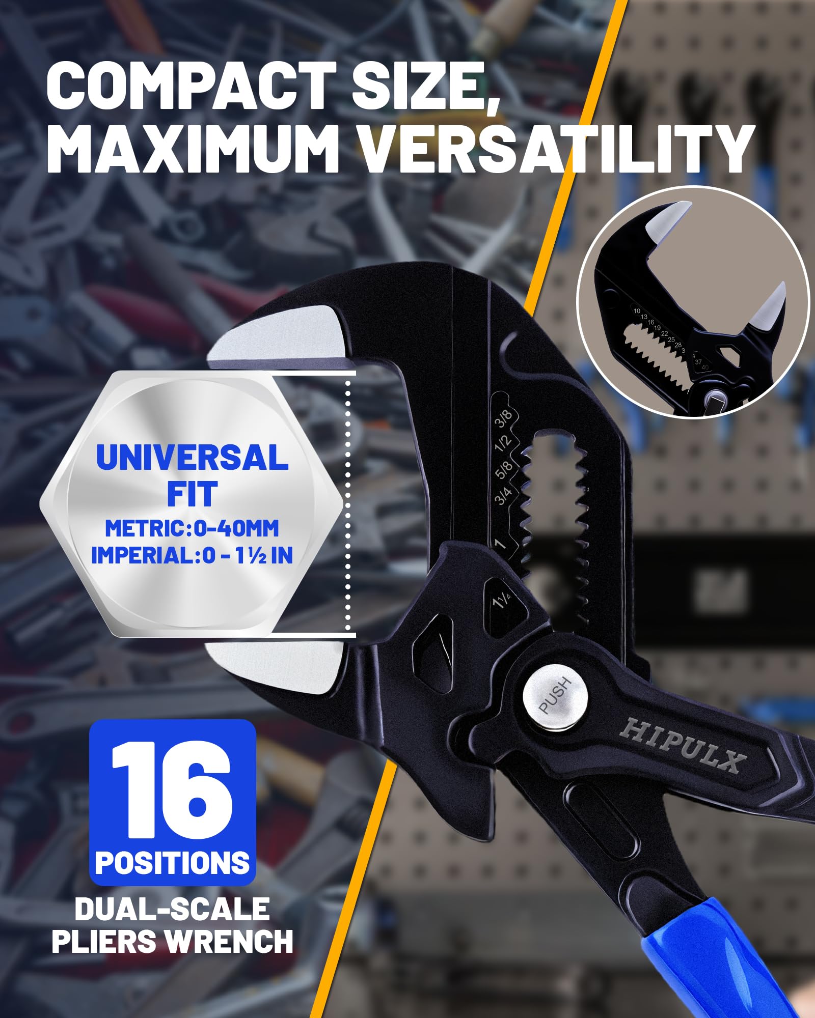 HIPULX wrench demonstrating one-click resizing for quick single-handed adjustments.