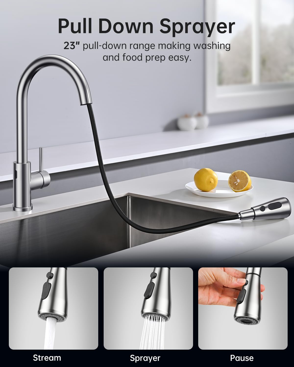 Hiqufet three-mode spout expands water flow for different tasks.