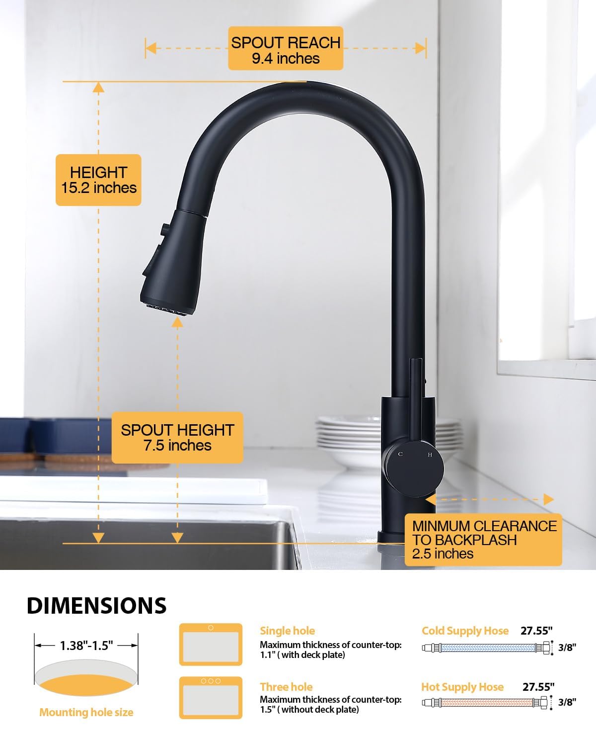 Hiqufet black faucet shows three settings for aerated stream and spray.