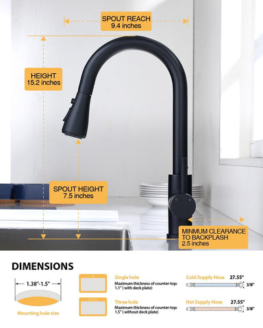 Hiqufet black faucet shows three settings for aerated stream and spray.