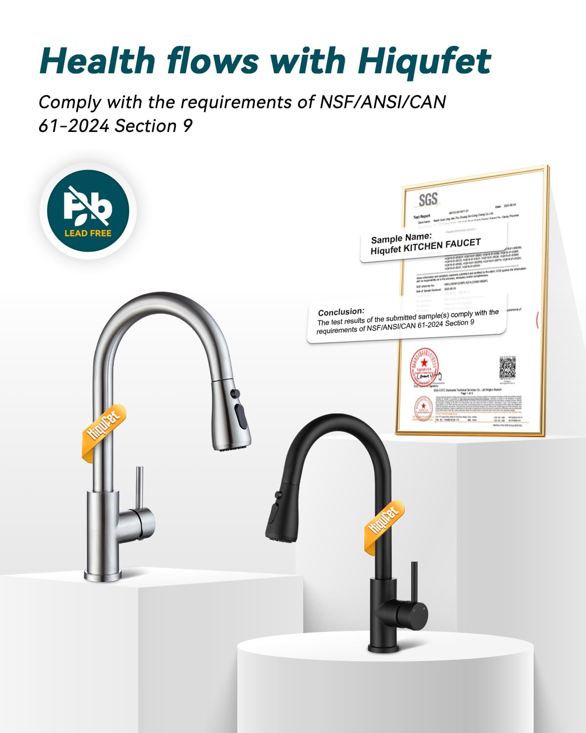 Hiqufet faucet rotates 360 degrees for flexible sink access.