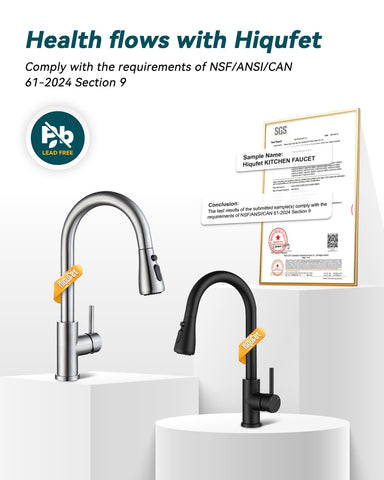 Hiqufet faucet rotates 360 degrees for flexible sink access.