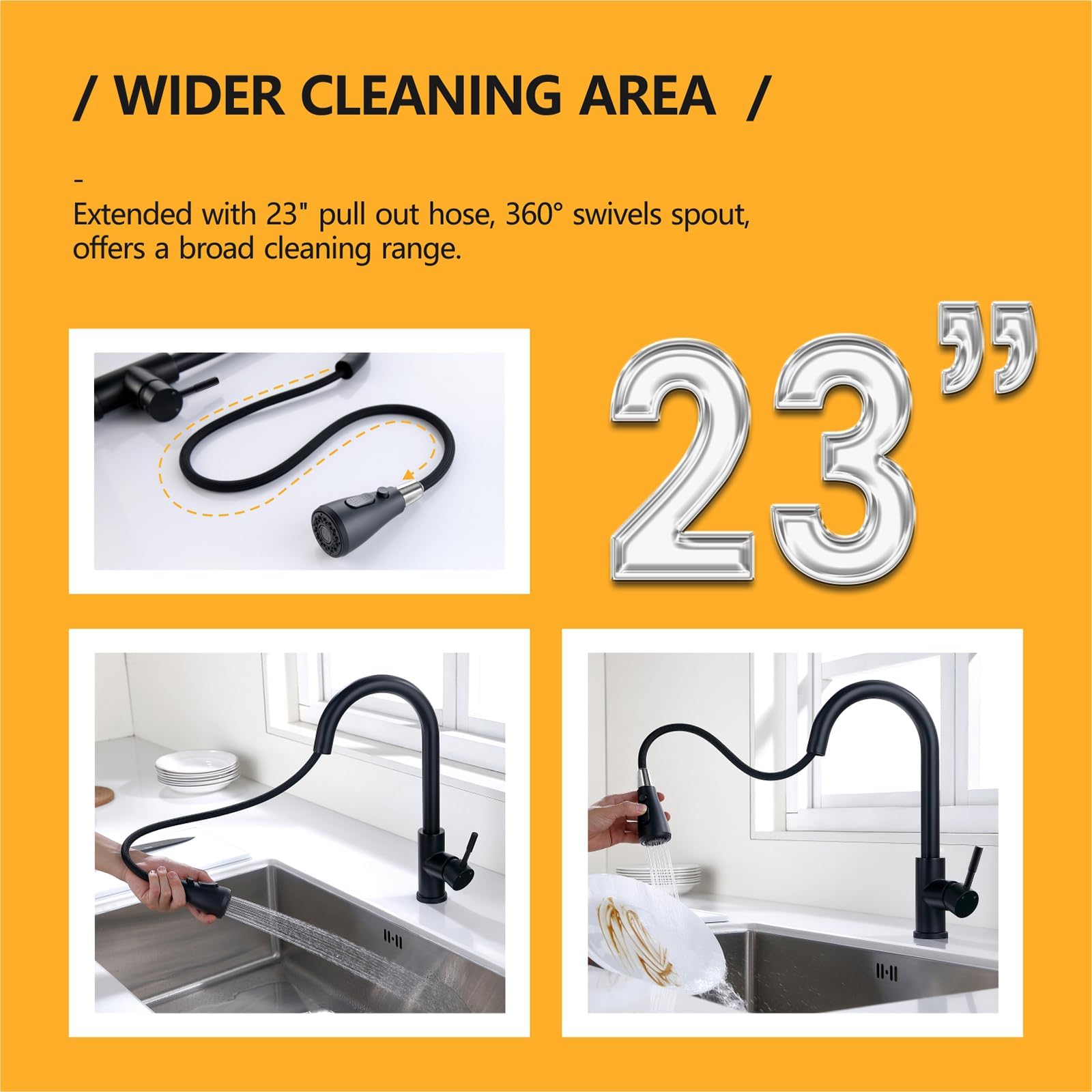 Hiqufet black faucet in action with pull-down sprayer for thorough cleaning.