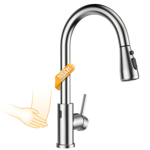 Hiqufet touchless faucet front view for cleaner, hands-free operation in the kitchen.