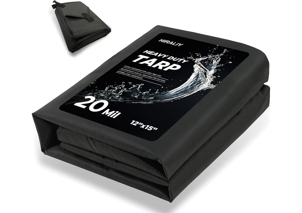 HIRALIY 20 Mil tarp in 12x15 ft with reinforced loops for windproof outdoor protection.