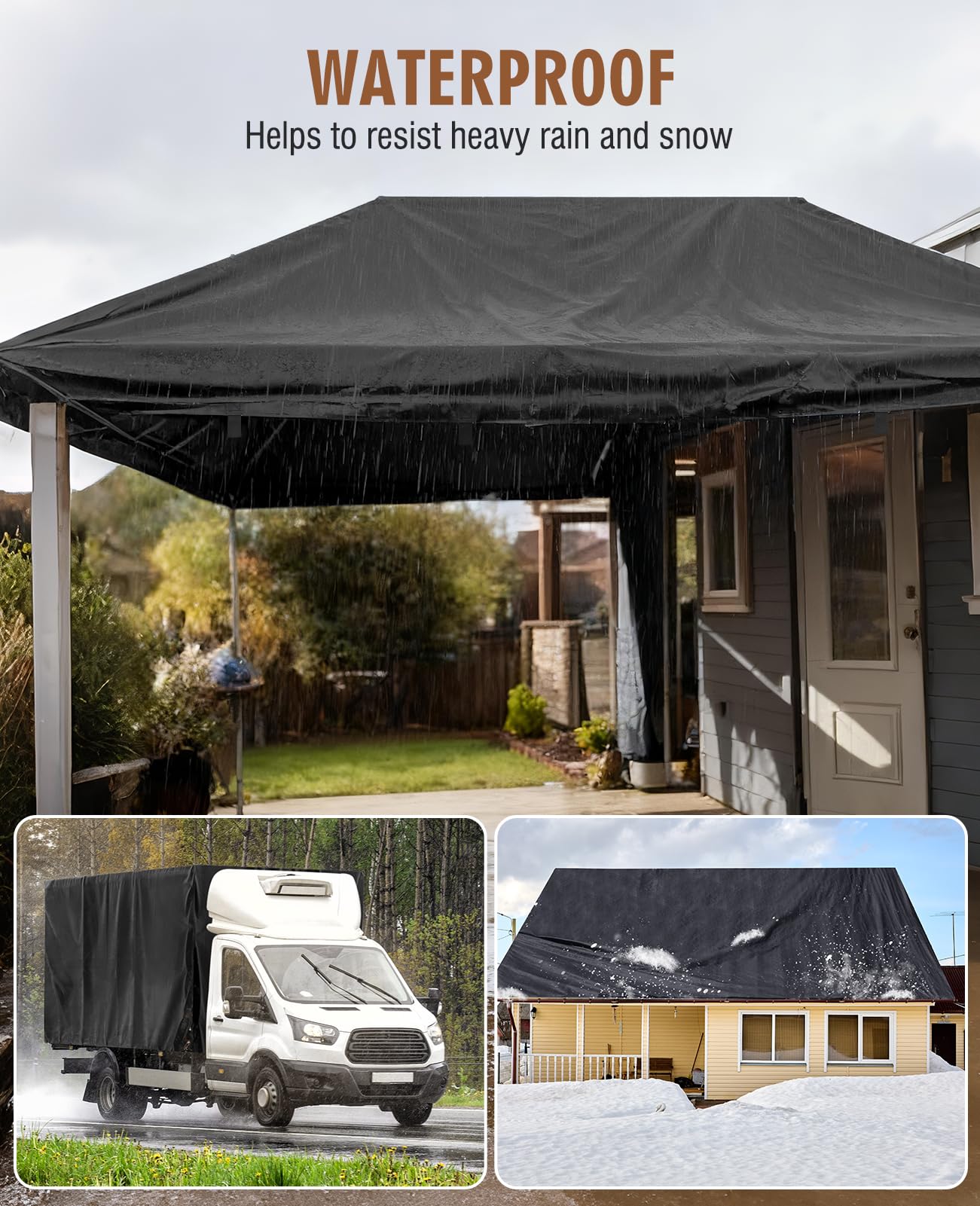 Easy-to-use outdoor tarp for canopy setups and shelter applications.