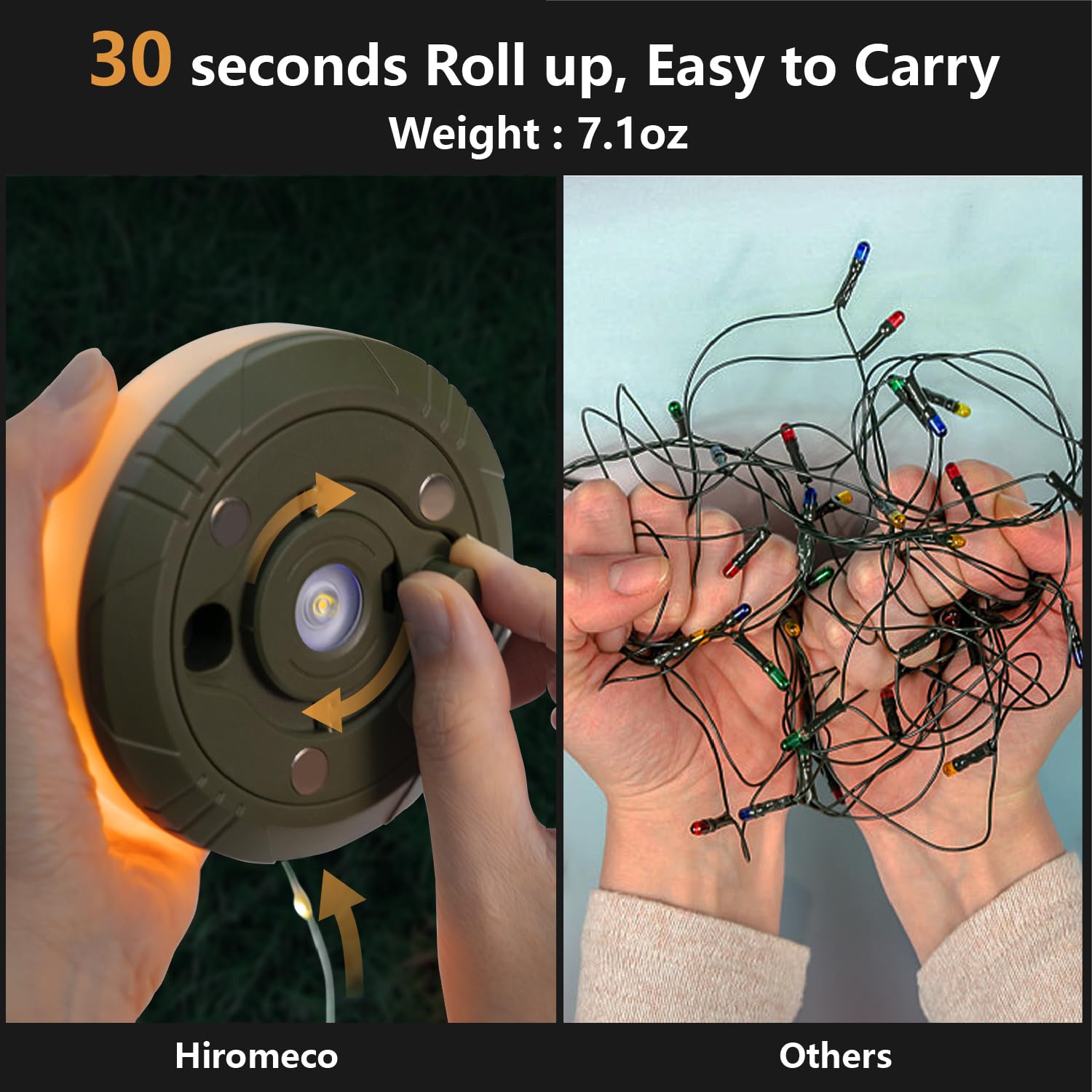 Hiromeco Camping Lights String hanging from a branch for easy visibility