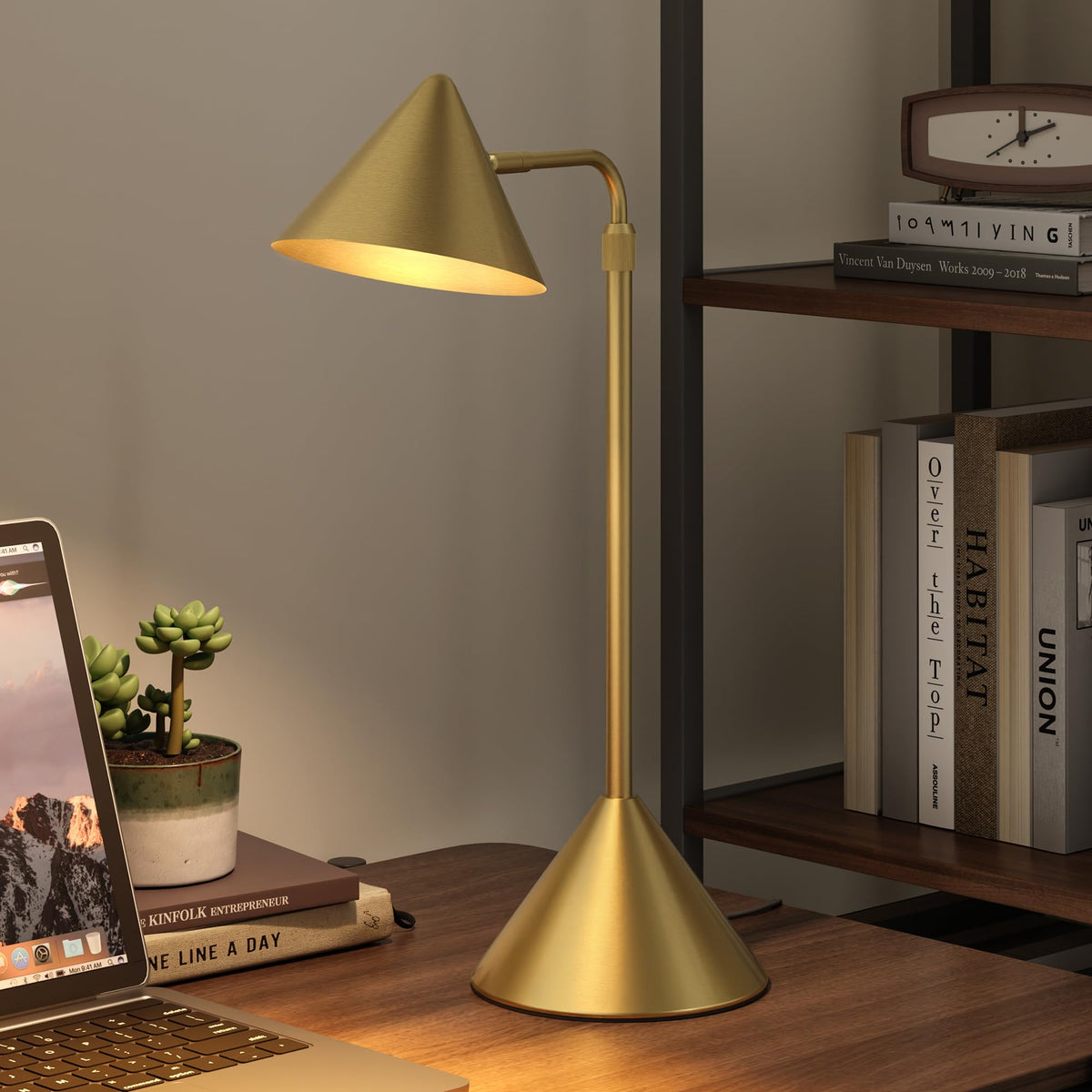 HISEEGO gold desk lamp angled view showing versatile lighting reach