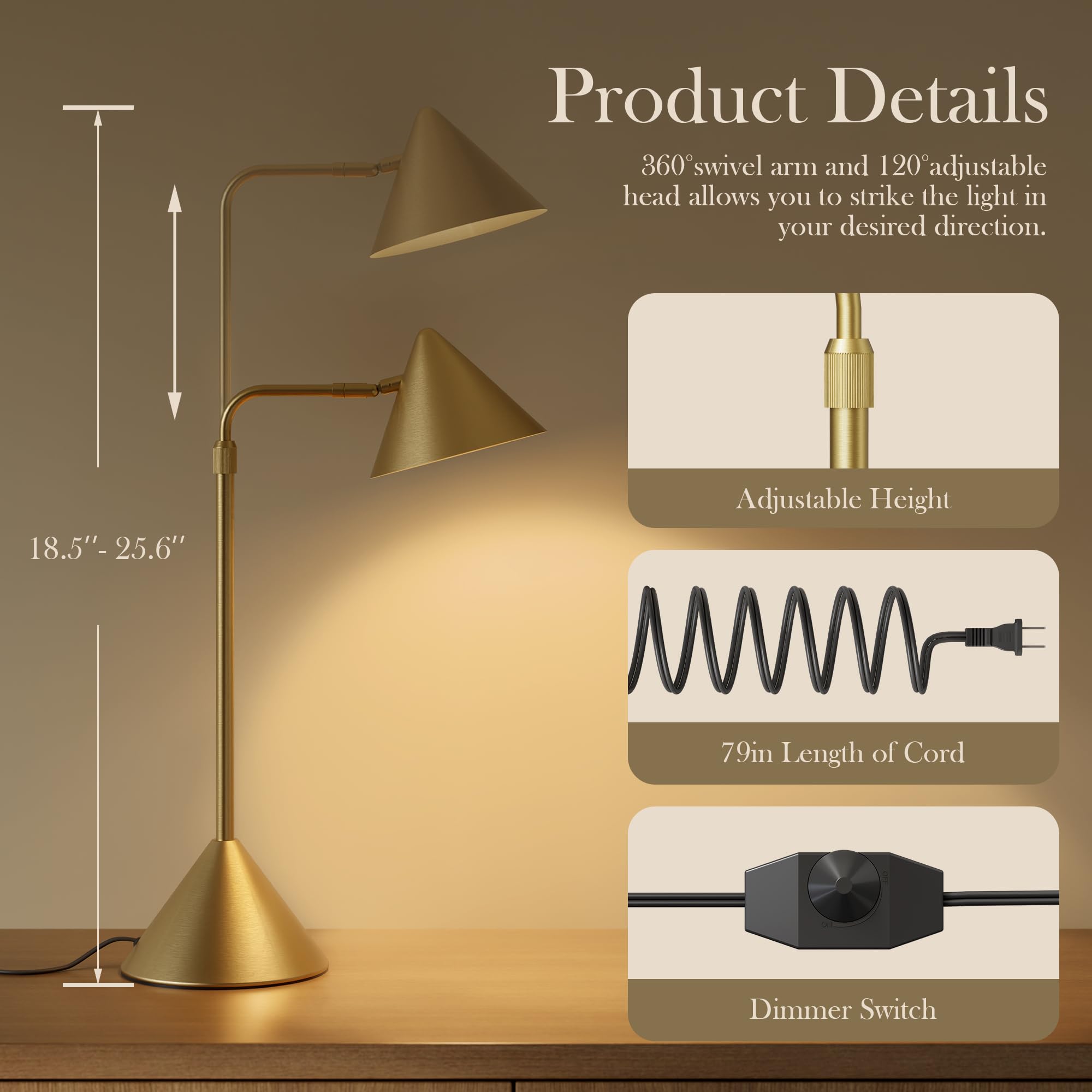 HISEEGO gold lamp with stepless dimming for adjustable brightness