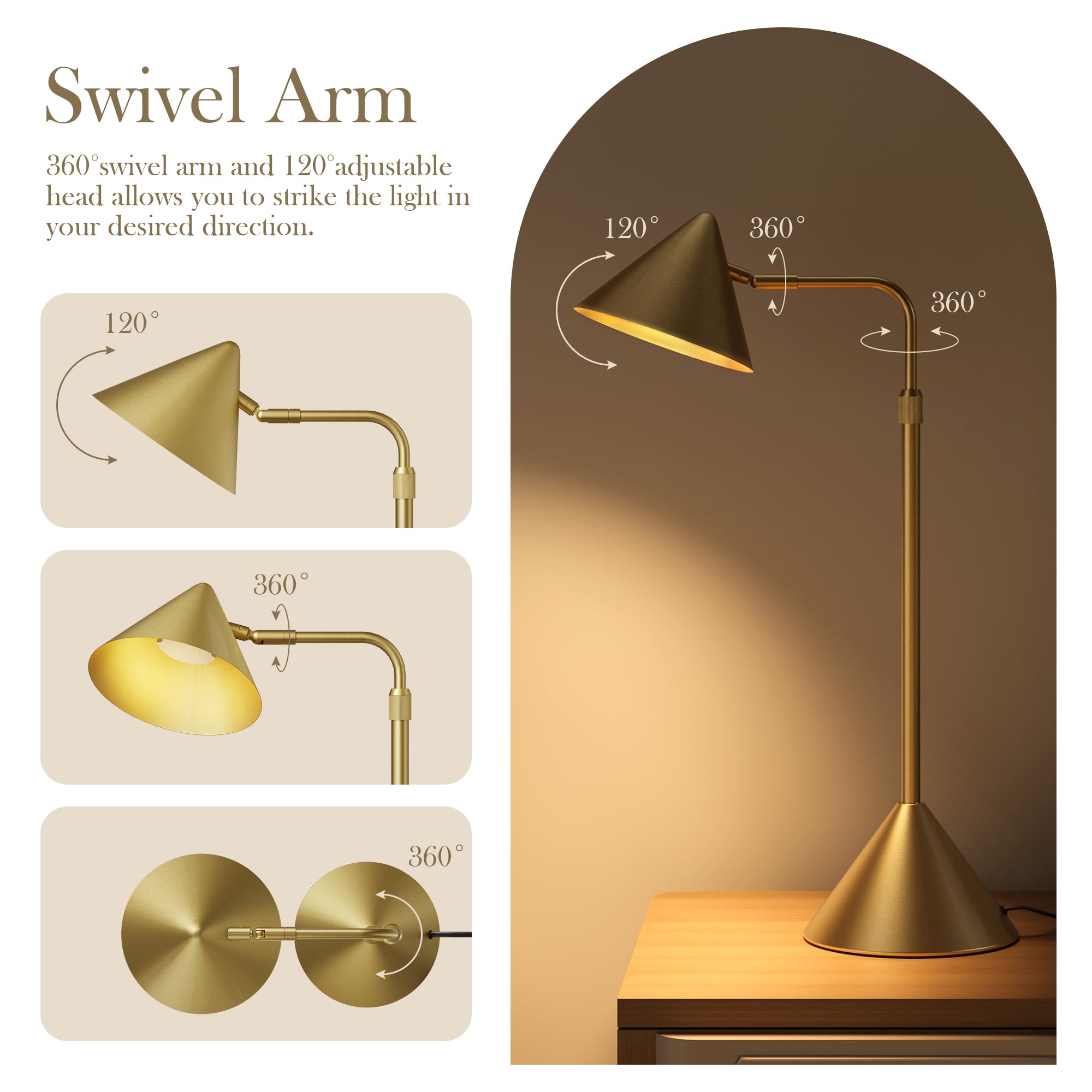 HISEEGO gold desk lamp with 360 swivel arm for precise task lighting