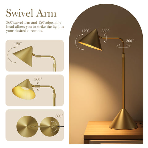 HISEEGO gold desk lamp with 360 swivel arm for precise task lighting