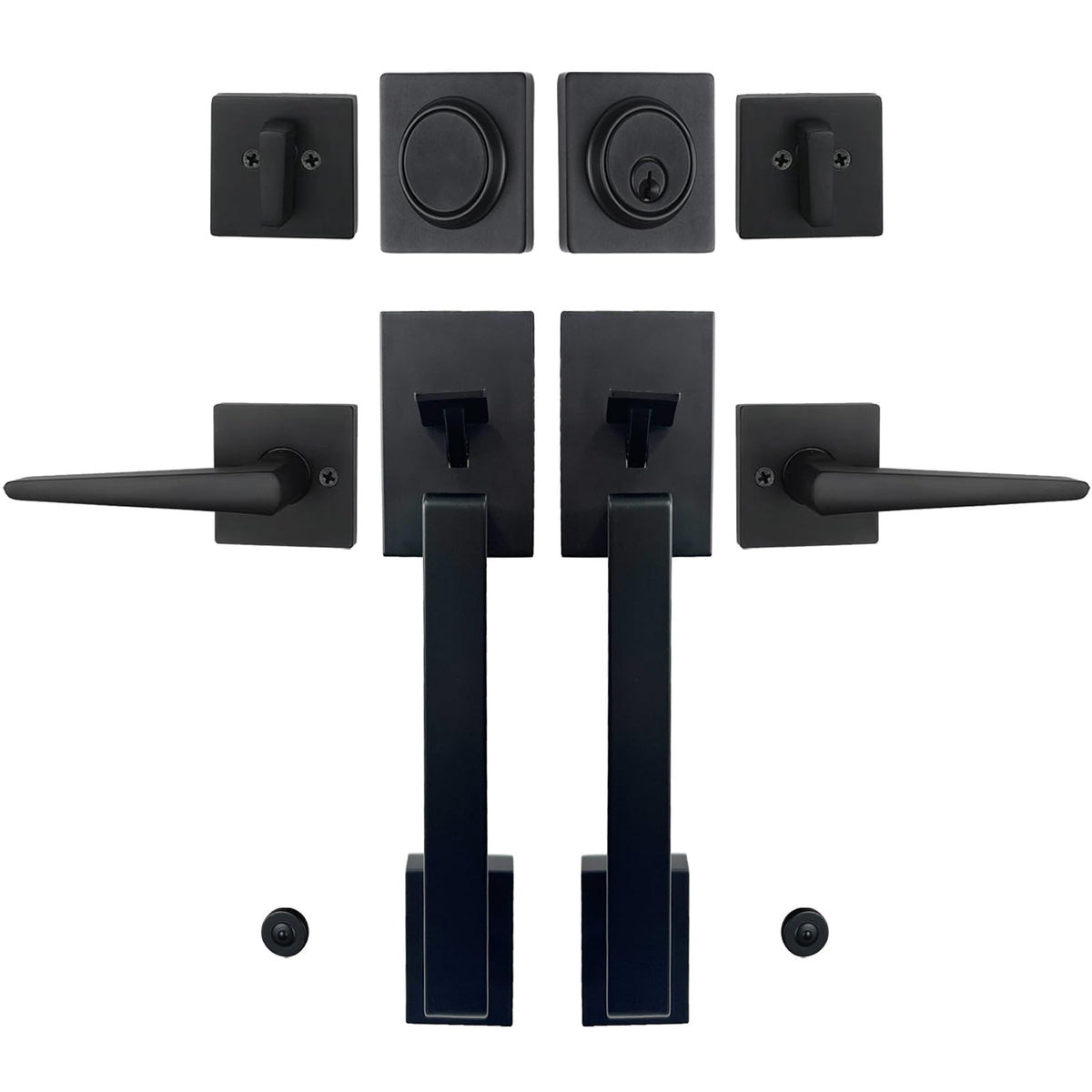 HISAFE matte black double door handle set front view showing secure keyed entry