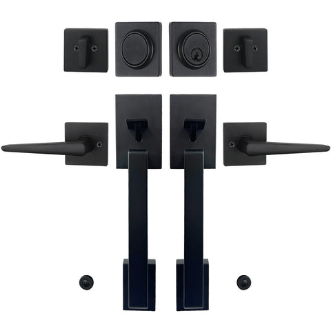 HISAFE matte black double door handle set front view showing secure keyed entry