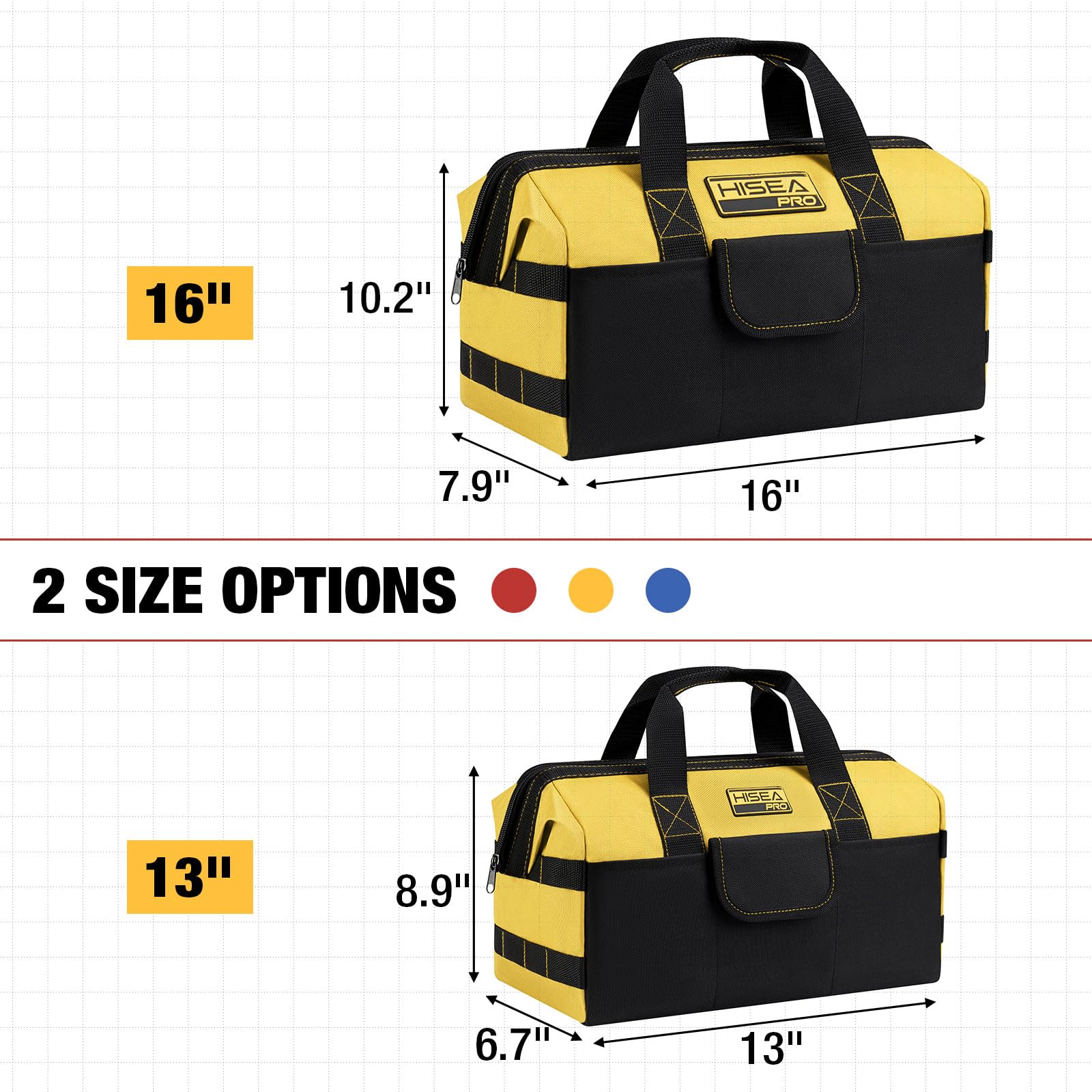 HISEA tool bag wide-mouth opening for quick tool access.