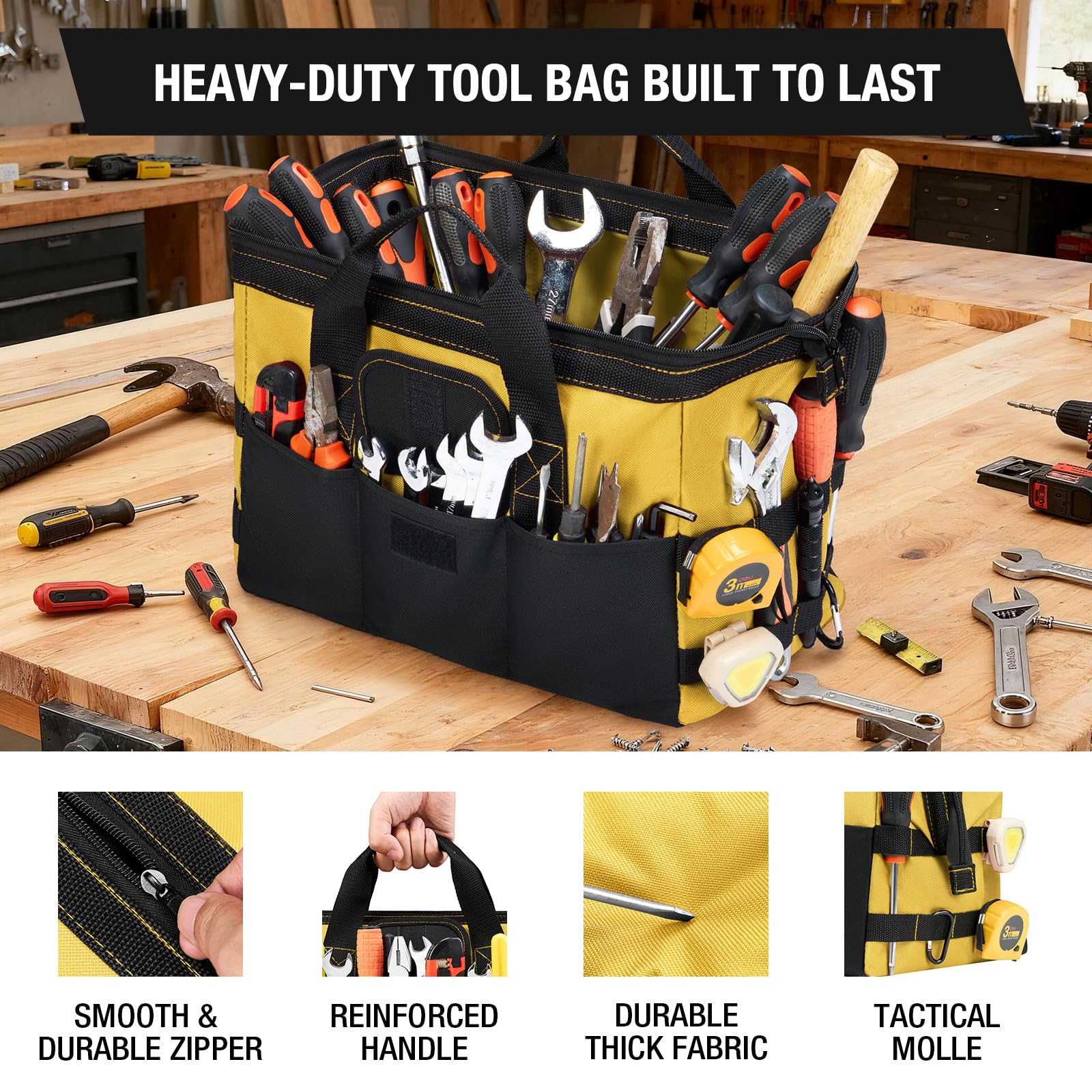 HISEA 600D water-resistant fabric protects tools and equipment.