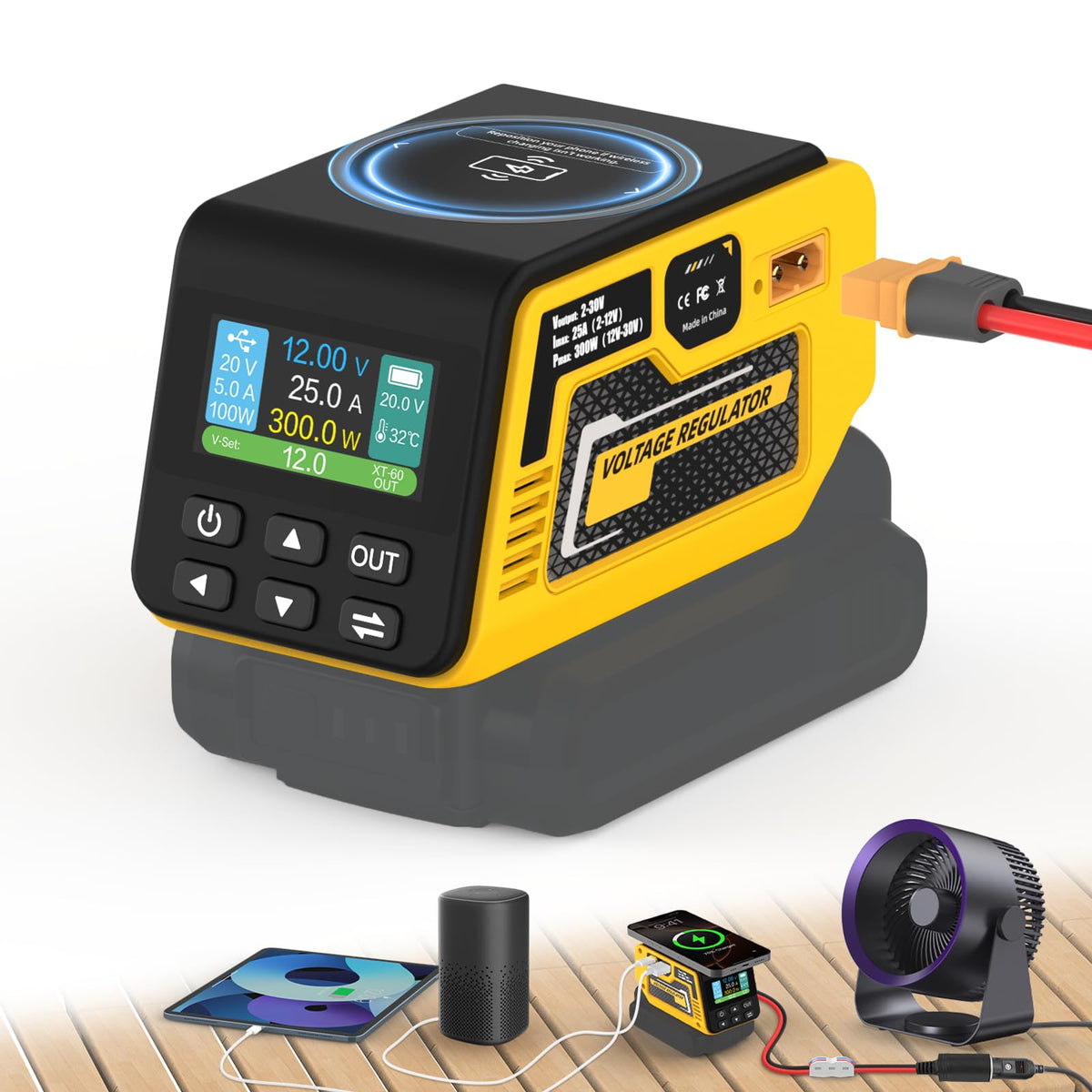 Hisecren 300W regulator front view powering outdoor devices.