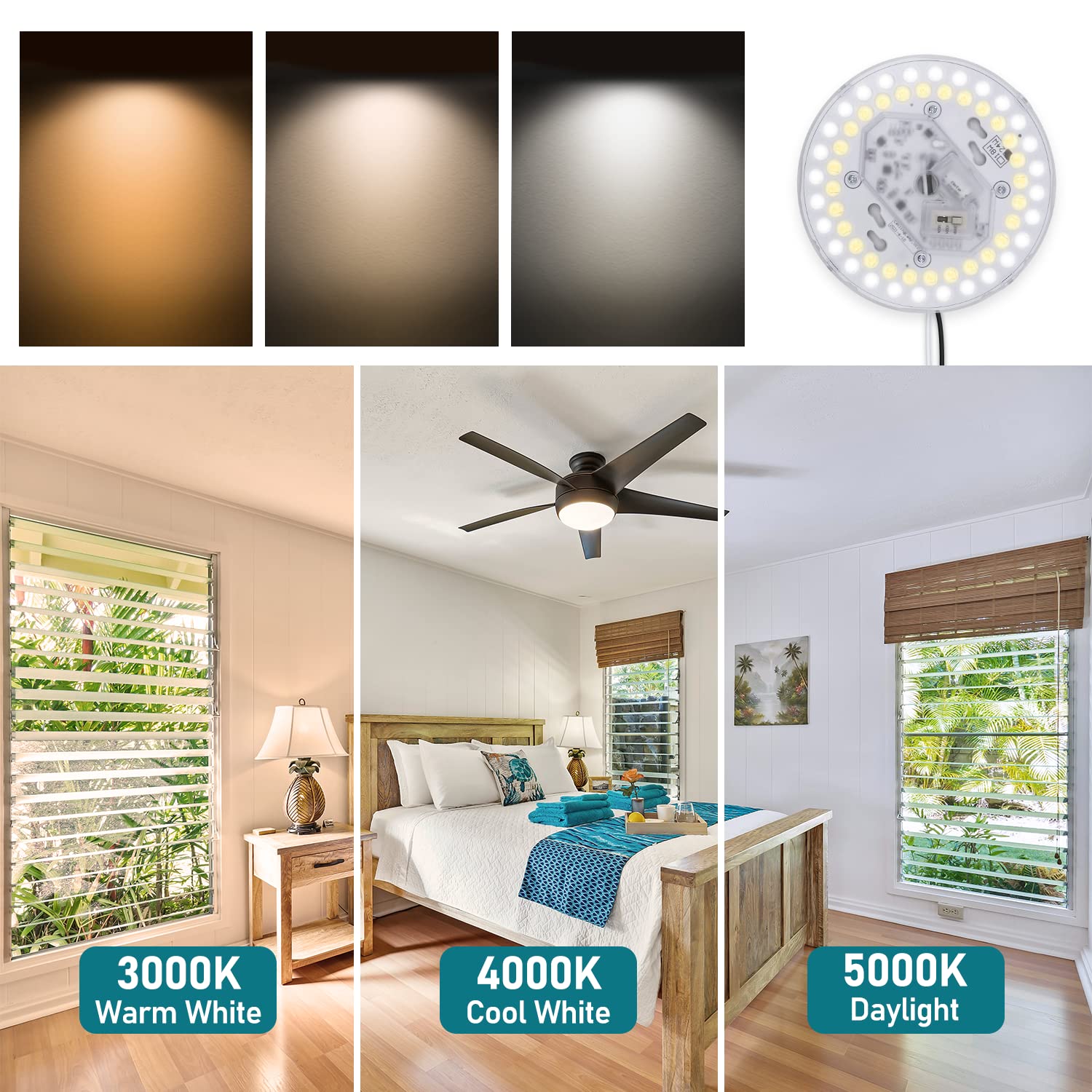 Hisoo LED retrofit kit showing 3CCT switchable temperature for flexible mood lighting.