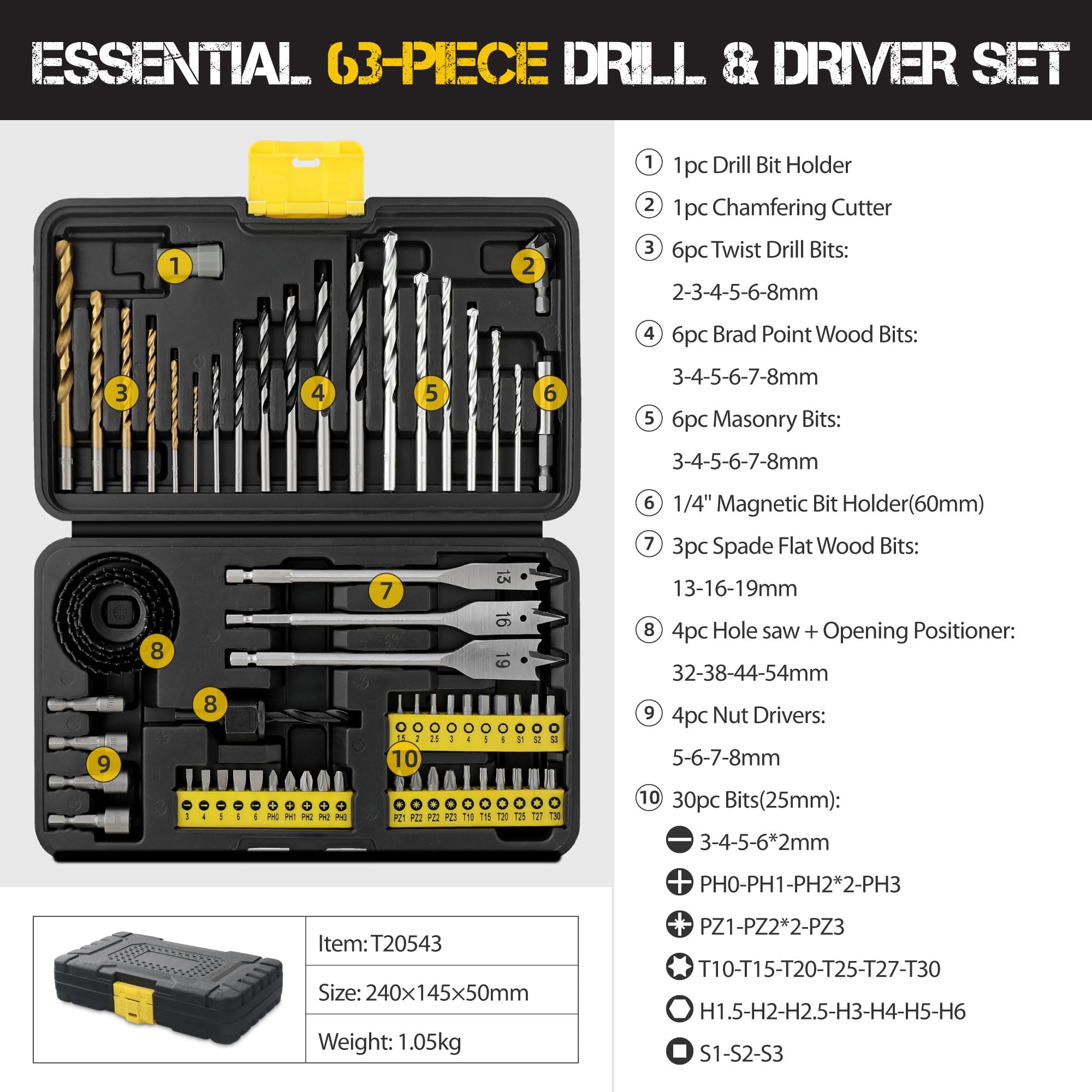 Hi-Spec 63-piece kit contents shown for versatile drilling and driving