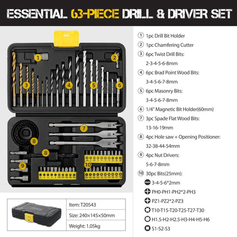 Hi-Spec 63-piece kit contents shown for versatile drilling and driving