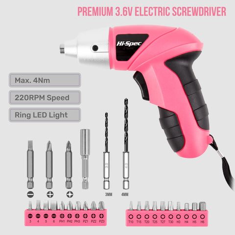 Hi-Spec pink cordless screwdriver with 23 bits for fast furniture assembly