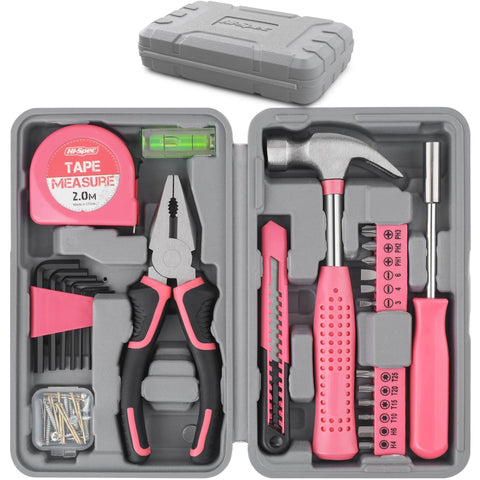Hi-Spec pink tool set compact case showing organized storage for quick repairs