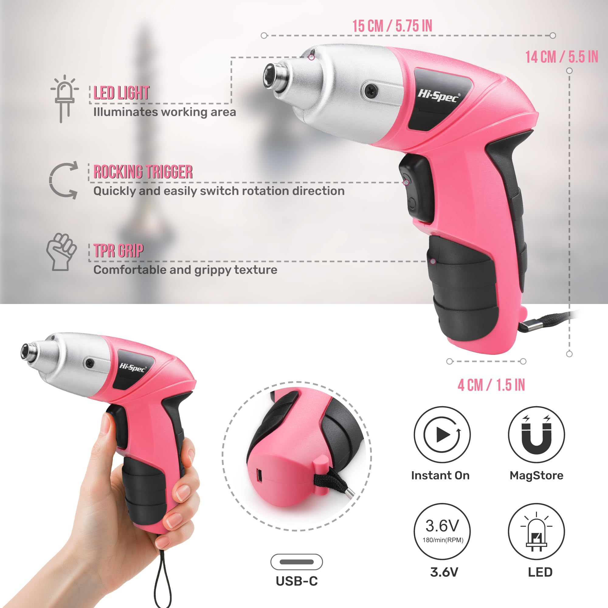 Hi-Spec USB charger view for the pink screwdriver
