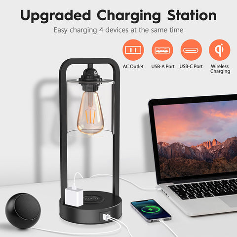 Hisweet 15W wireless charging table lamp with USB-C and outlets.