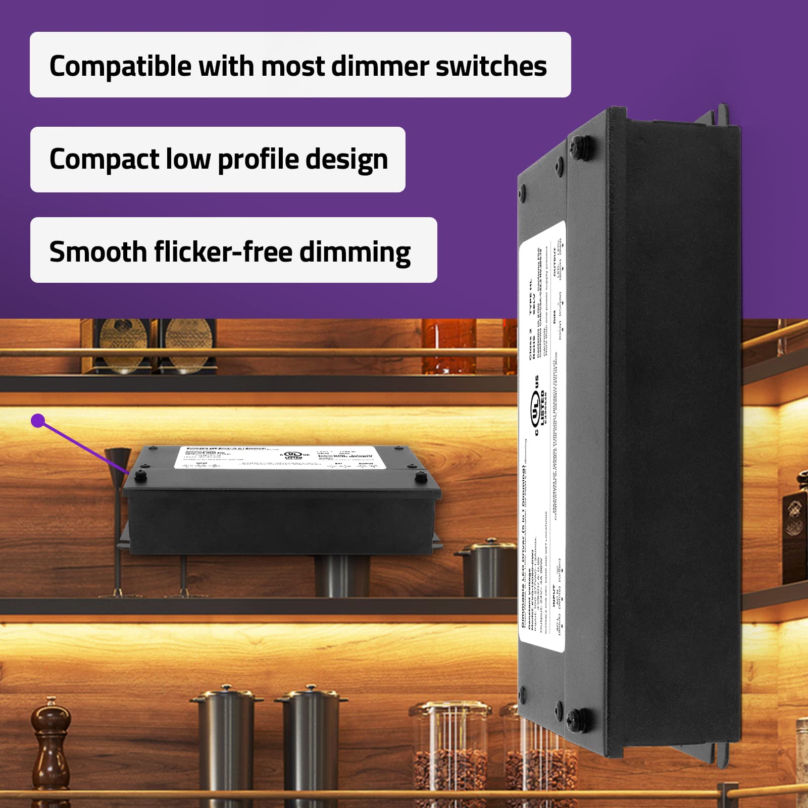 HitLights 24V dimmable driver side ports for easy wiring access.