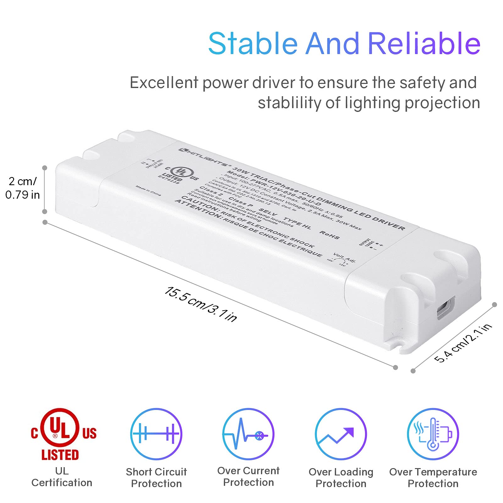 HitLights 30W dimmable LED driver removable AC cord included
