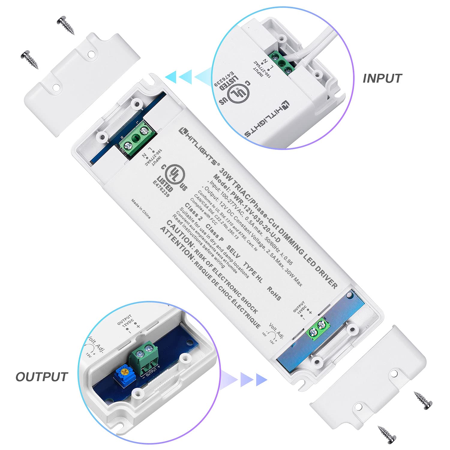 HitLights 30W dimmable LED driver side view showing compact form factor